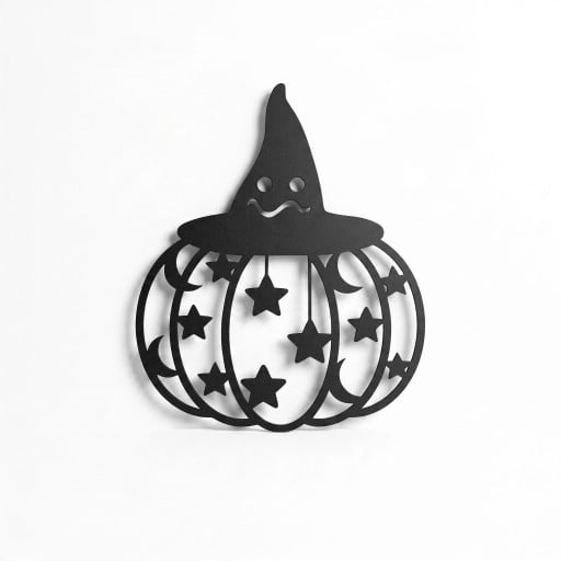 Halloweenská dekorace na dveře nebo stěnu Dýně s čarodějnickým kloboukem 25 x 30 cm Plochá 2D silueta Černá Hvězdy a měsíce Výzdoba bytu