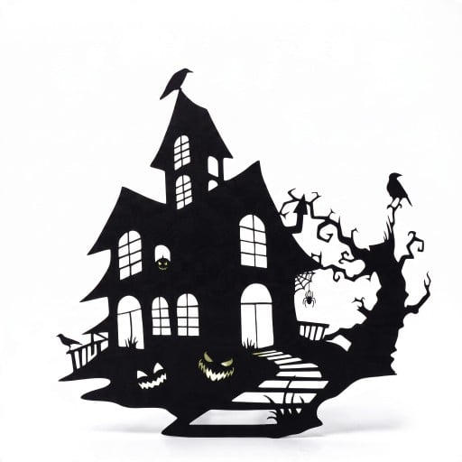 Halloweenská dekorácia na dvere Strašidelný dom s tekvicami a stromom Kovová silueta Železo Čierna Ozdobná tabuľa Výzdoba vchodu a interiéru