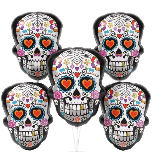 Halloweenskie Nafukujące Baloniki Czaszka 5 szt. 67 x 50 cm Meksykańska Ozdobiona Czaszka Calavera Z Kwiatami i Serduszkami Biała Czarna i Kolorowa
