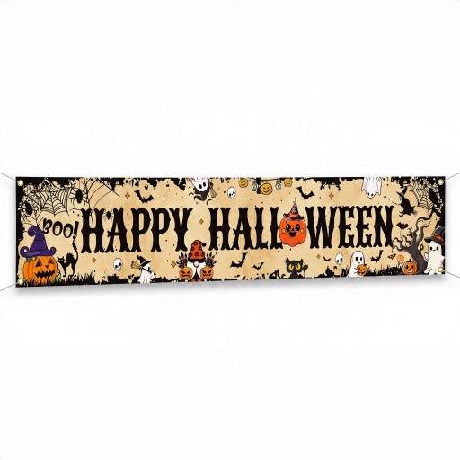 Halloweenský banner Happy Halloween S dýněmi a duchy 200 x 40 cm Polyester s kovovými očky Béžová dekorace na plot a verandu Párty cedule