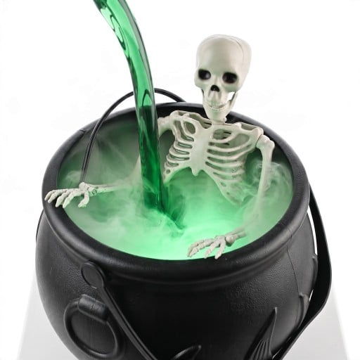 Halloweenský čarodějnický kotel S kostlivcem a mlhou LED osvětlení 26 cm Napájení USB Černý se zeleným světlem Dekorace na párty a stůl