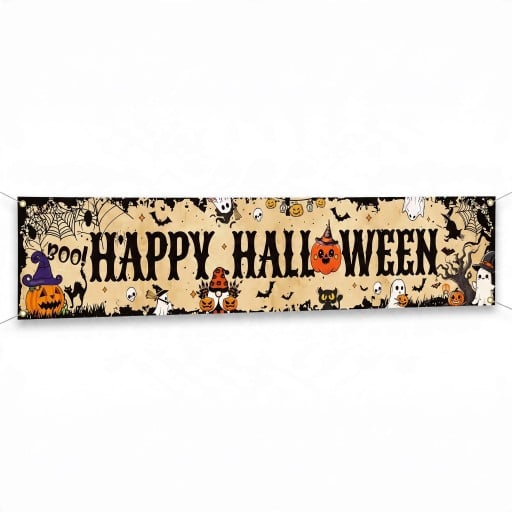 Halloweński banner Happy Halloween Z dyniami i duchami 200 x 40 cm Polyester z metalowymi oczkami Beżowa dekoracja na płot i werandę Party tablica