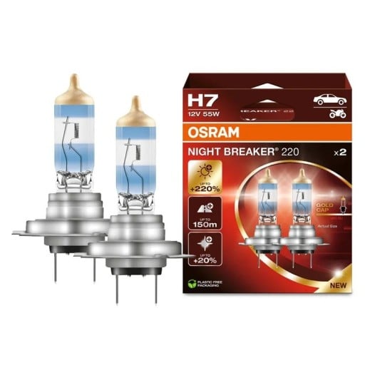 Halogenauto­lampen OSRAM Night Breaker 220 H7 12 V 55 W 3900 K Bis zu +220 % Helligkeit Blaue Glühbirne mit goldenem Ende Für PKW und Motorräder