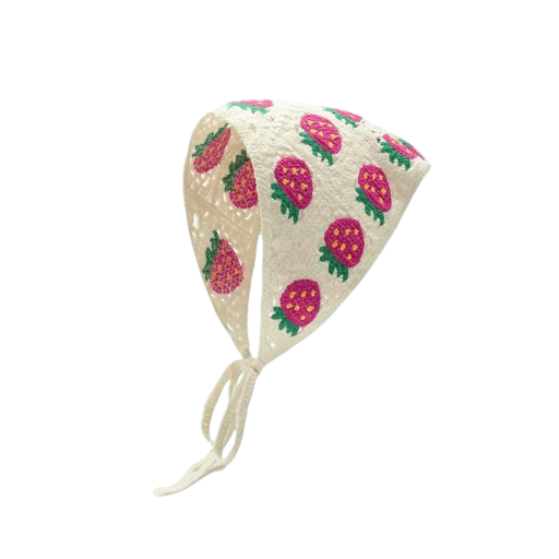 Hand-Crocheted Triangular Scarf Strawberry Motif Spring Summer Hair Scarf for Women Cute Headwear for Travelling