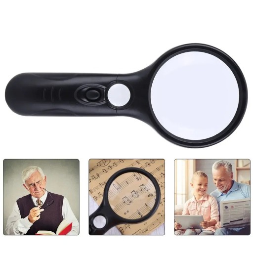Handförstoringsglas med belysning 3x och 45x Förstoring 75 x 20 mm Optiskt glas 3 lysdioder Svart design För avläsning av smyckesmärken och reparationer