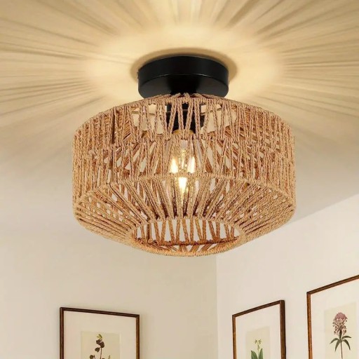 Handgefertigter Bambus-Kronleuchter, hängende Deckenleuchte, Rattan-geflochtener Kronleuchter, Bambus-Leuchte mit E27-LED-Glühbirne, 30 x 22 x 12 cm