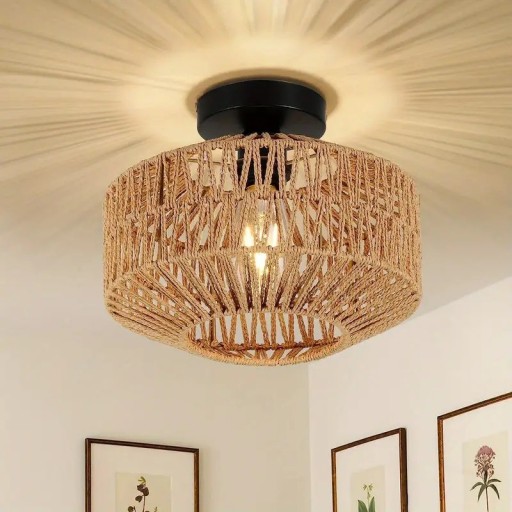 Håndlavet bambuslysekrone, hængende loftslampe, rottingvævet lysekrone, bambuslampe med LED-pære, E27, 30 x 22 x 12 cm
