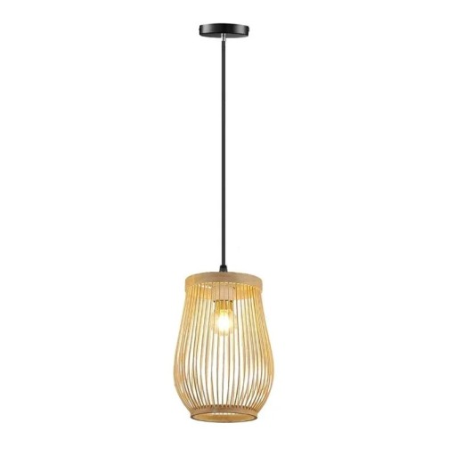 Håndlavet rattan pendellampe naturlig hængende lysekrone i moderne design loftlampe i træ med sort justerbar ledning 150 cm 23 x 20 cm