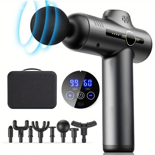 Handmassagepistool met AI-chip en 99 intensiteitsniveaus 8 verwisselbare opzetstukken LED-display met batterijindicator USB-C Grijs Voor spieren van het hele lichaam