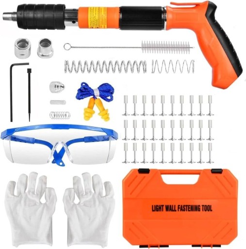 Handnagler Nietenpistole einstellbar 5 Geschwindigkeiten 220 Stück Nägel orange Werkzeugset zur Wandbefestigung und Montage