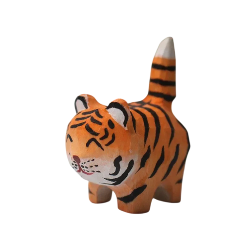 Handsnidad träfigur av tiger 4,7 × 4 × 2,5 cm lindträ orange-svart dekoration för bord, hylla och inredning