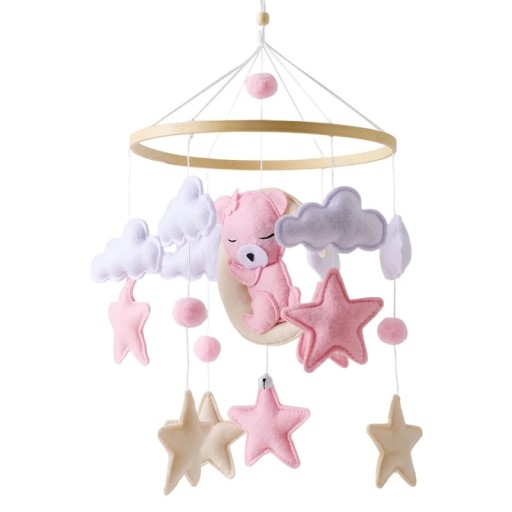 Hängekarussell über dem Kinderbett 45 x 25 cm Schlafender Teddybär auf dem Mond, Filzsterne, Wolken und Kugeln, Holzkreis und Perlen