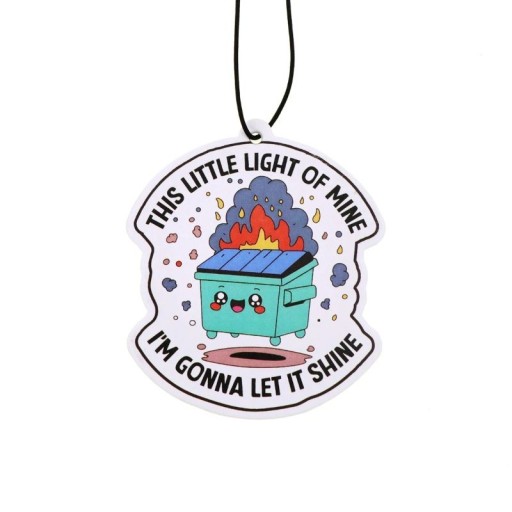 Hangende luchtverfrisser voor in de auto brandende prullenbak tekst this little light of mine geurige hanger kleurrijke interieurdecoratie