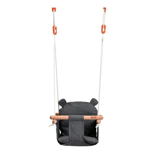 Hangende schommel voor baby's met stoffen zitting en houten constructie, hang systeem grijs voor binnen- en buitengebruik