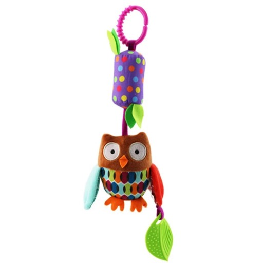 Hanging Toy for Babies Colourful Owl with Strap and Teether for Pram, Cot or Car Seat