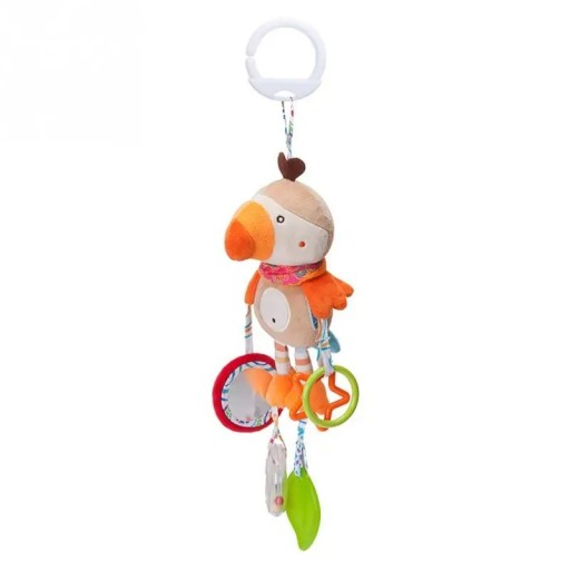 Hanging Toy for Babies Parrot with Teething Rings, Mirror and Hanging Ring for Pram or Cot