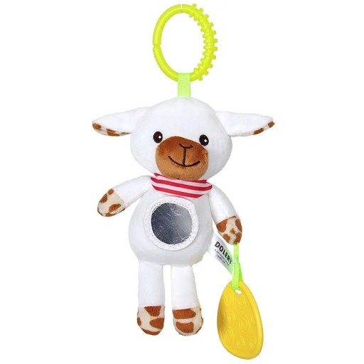 Hanging Toy for Babies White Sheep with Mirror and Teether for Cot, Car Seat or Pushchair