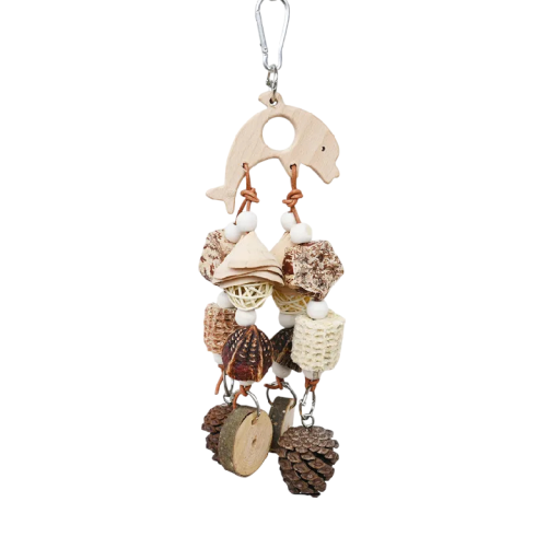 Hangspeelgoed voor vogels kauwbaar 9x30 cm hout kurk dennenappel maïskolf natuurlijk voor in de kooi om op te knabbelen en te spelen