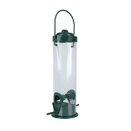 Hangvoer voor vogels cilindrisch 23,5x7 cm kunststof groen met zitstokken en doseeropeningen voor buitenvoeding van vogels