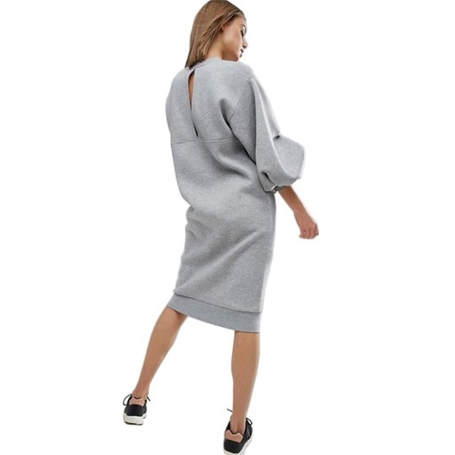 Hanorac lung pentru femei cu mâneci tip balon Croi de rochie midi Decolteu rotund Decupaj pe spate Gri Bumbac cu poliester