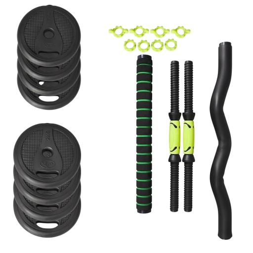 Hantelset 15 kg zwei Kurzhanteln mit einer Stange von 40 cm und einer großen Hantel mit gerader oder gewellter Stange schwarz-grün