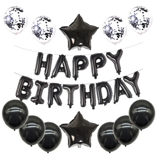 HAPPY BIRTHDAY ballon készlet 13 db fekete ballon és átlátszó ballon konfettivel dekoratív fóliás ballon születésnapi dekoráció