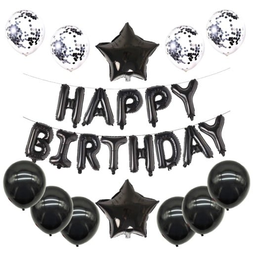 HAPPY BIRTHDAY - Ilmapallopaketti 13 kpl mustia ilmapalloja ja läpinäkyviä ilmapalloja, joissa on konfettia, koristeellisia foliopalloja syntymäpäiväkoristelu