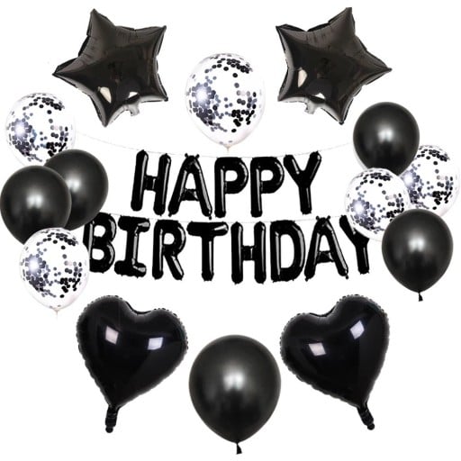 HAPPY BIRTHDAY -ilmapallopaketti 15 kpl mustia ja valkoisia konfettipalloja, koristeellisia foliopalloja ja lateksipalloja syntymäpäiväkoristelu