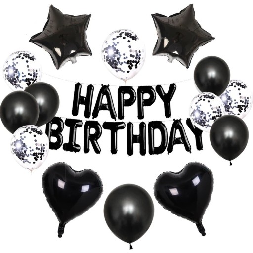 HAPPY BIRTHDAY léggömb készlet 15 db fekete és fehér léggömb konfettivel dekoratív fólia és latex léggömbök születésnapi dekoráció party