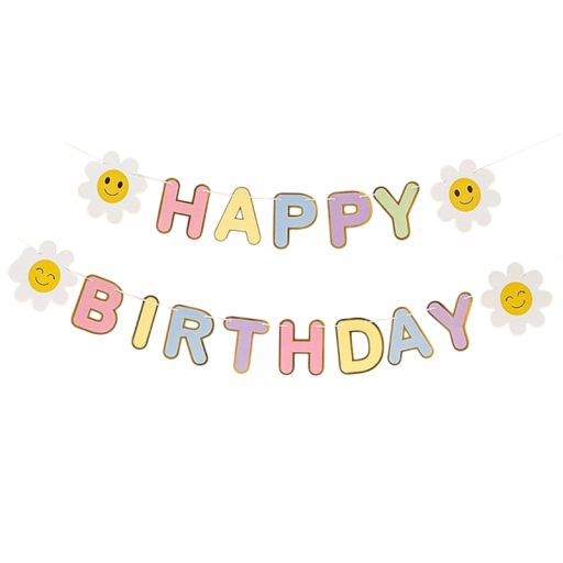Happy Birthday -värikäs paperinen narugirlanda päivänkakkaroilla 14 cm syntymäpäiväkoriste