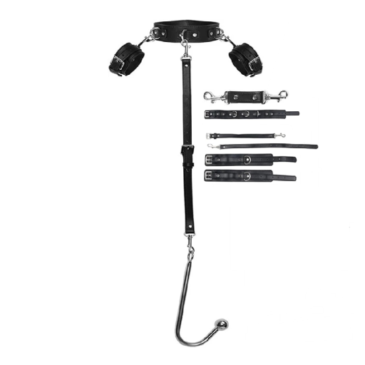 Harnais en cuir pour le dos avec menottes et crochet anal métallique amovible avec boule, attache corporelle de la nuque aux fesses, emballage discret