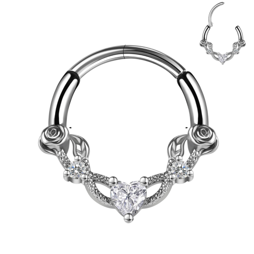 Hartvormige ronde zilveren piercing 10 x 1,2 mm van roestvrij staal met zilveren details, geschikt voor dagelijks gebruik