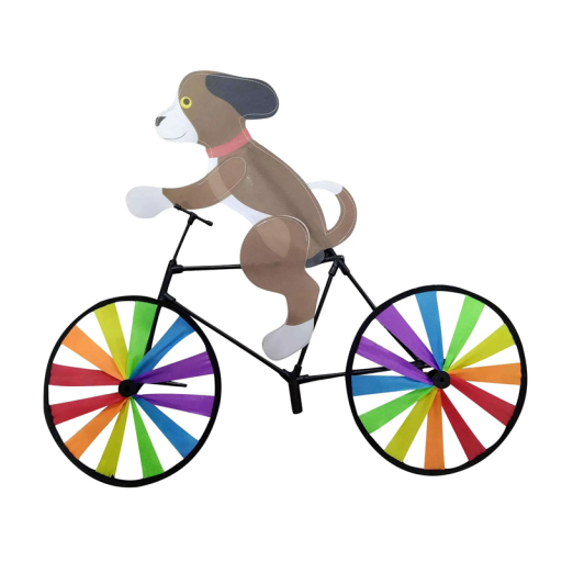 Havedekoration hund på cykel med vindmøller 90 x 50 cm Metalstatue med bevægelige hjul Munter dyredekoration til haven Terrassedekoration
