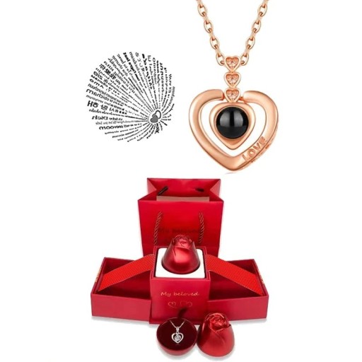 Heart Projection Halsband Set 45cm Titanium Chain Projection I Love You på 100 språk Roseformad presentförpackning