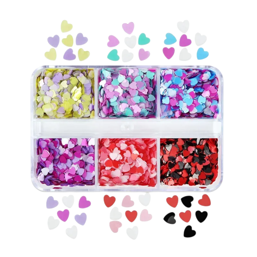 Heart Shaped Sequins 3–4 g Various Colours Box with 6 Compartments Nail Decoration Glitter for DIY Crafting and Scrapbooking