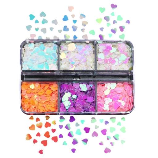Heart-Shaped Sequins 3-4 g Various Colours Box with 6 Compartments Nail Decorations, Cards, DIY Crafting, Scrapbooking, Embellishments
