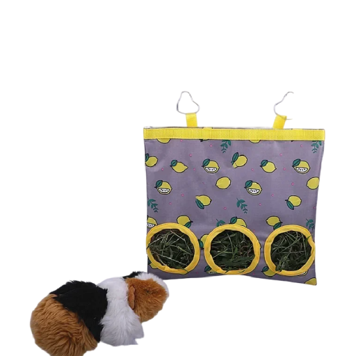 Heinäpussi jyrsijöille 27 x 25 cm Harmaa pussi heinän rei'illä Sitruunakuosi Heinäpussi 3 reiällä Kiinnitys häkkiin Ruokinta