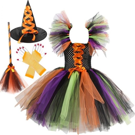 Heksekostume til piger med hat og tilbehør Halloween-kostume Heksekostume til piger Karnevalskostume