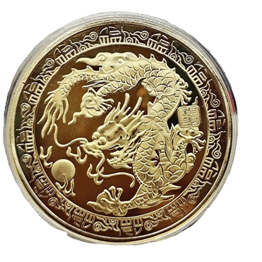 Herdenkingsmunt met Chinese draak 4 cm Verzamelmunt met Chinese dierenriem draak Beschilderde vergulde Chinese munt met draak Metalen munt voor het jaar van de Draak in een transparante hoes