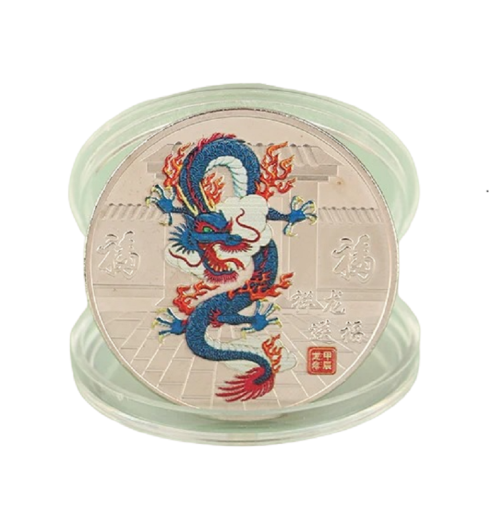 Herdenkingsmunt met Chinese draak 4 cm Verzamelmunt met Chinese dierenriem draak Beschilderde vergulde Chinese munt met draak Metalen munt voor het jaar van de Draak in een transparante hoes