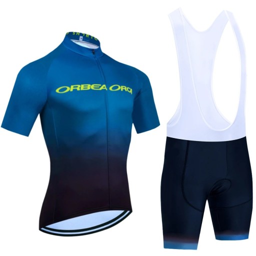 Heren blauw-zwart fietset – shirt met korte mouwen en bretels, vochtbestendig, voor fietsen en sport