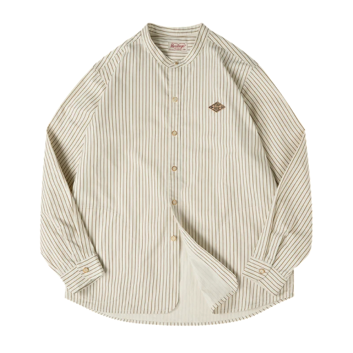 Heren crèmekleurige gestreepte blouse met lange mouwen en staander, losse pasvorm, knopen over de hele lengte en afgeronde onderzoom