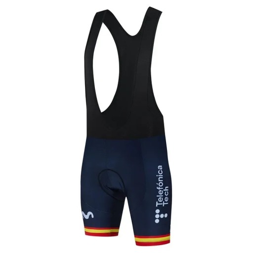 Heren donkerblauwe fietsshorts met bretels, met rood-geel gestreept ontwerp, voor fietsen, sport en vrijetijdsactiviteiten