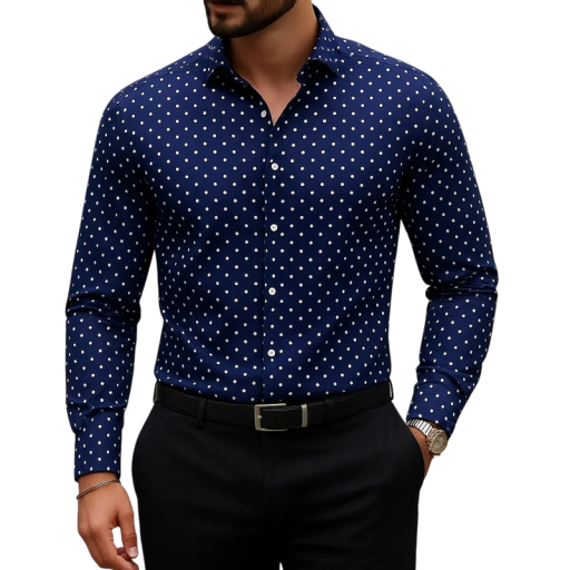 Heren donkerblauwe overhemden met witte stippen lange mouwen slim fit met klassieke kraag en knoopmanchetten