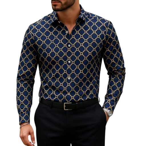 Heren donkerblauwe zakelijke shirt met gouden ruitpatroon en ringetjes lange mouwen klassieke kraag en knoopmanchet