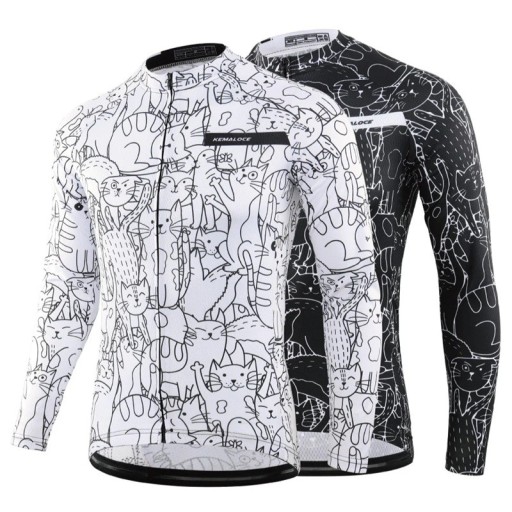 Heren fietssport ademend shirt met lange mouwen met rits met kattenmotief voor fietsen, sport en buitenactiviteiten