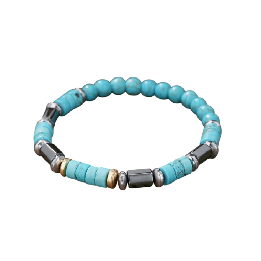 Heren houten kralenarmband met gecombineerde kralen diameter 17 cm hout turquoise met metalen elementen voor dagelijks gebruik