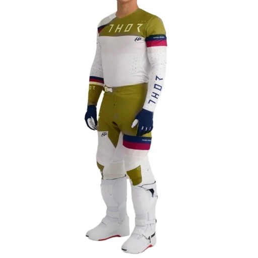 Heren motokros set Thor – olijfgroene t-shirt met lange mouwen en polyester en nylon broek, voor motokros en enduro