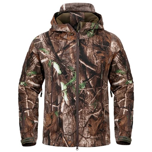 Heren outdoor softshelljas met boomcamouflagepatroon, jachtjas met capuchon, ritszakken, ademende jas voor buiten