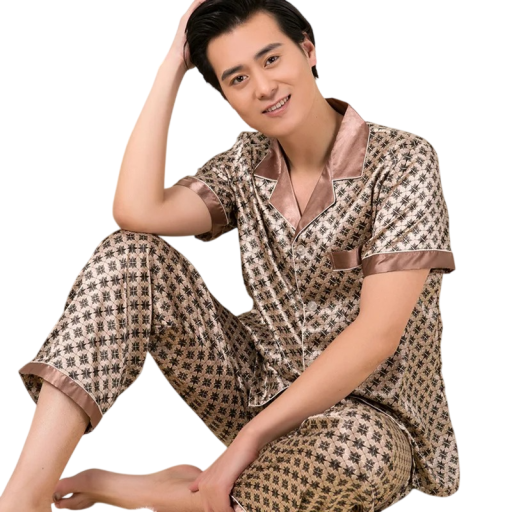 Heren pyjama bruin met ornamenten korte mouwen en shorts met kraag Knopen sluiting Pocket Polyester